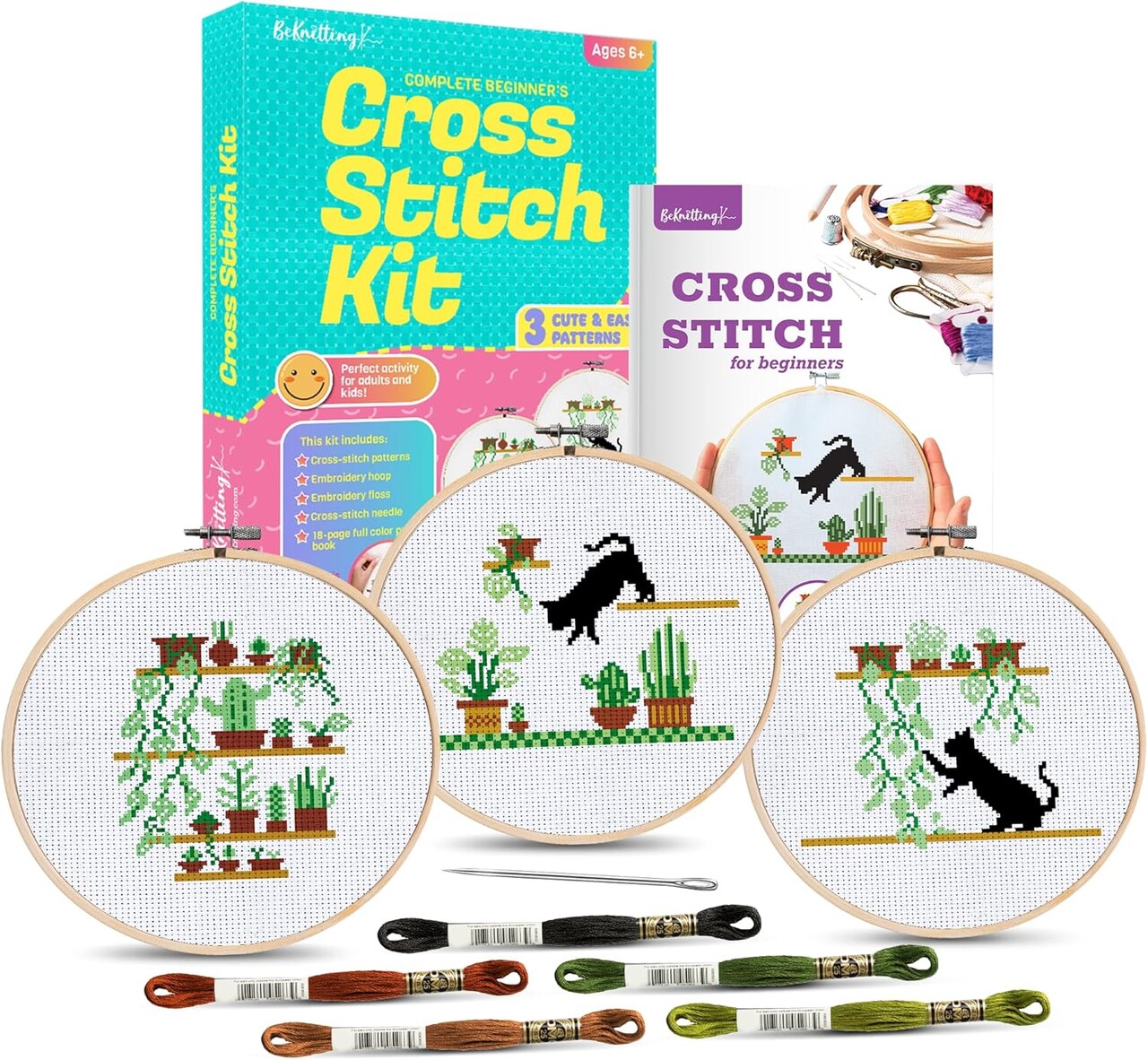 Beginner Stamped Cross Stitch Kit for Adults & Kids – Holiday Gift Set with Embroidery Hoop, Floss & Needles